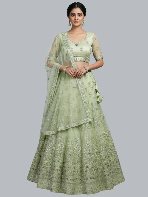 Unstitched Parrot Green Net Partywear Lehenga Choli Set